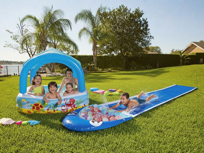 Bestway Shaded Play Pool + ZURU Shark Slide with 3-Pack Bunch O Balloons