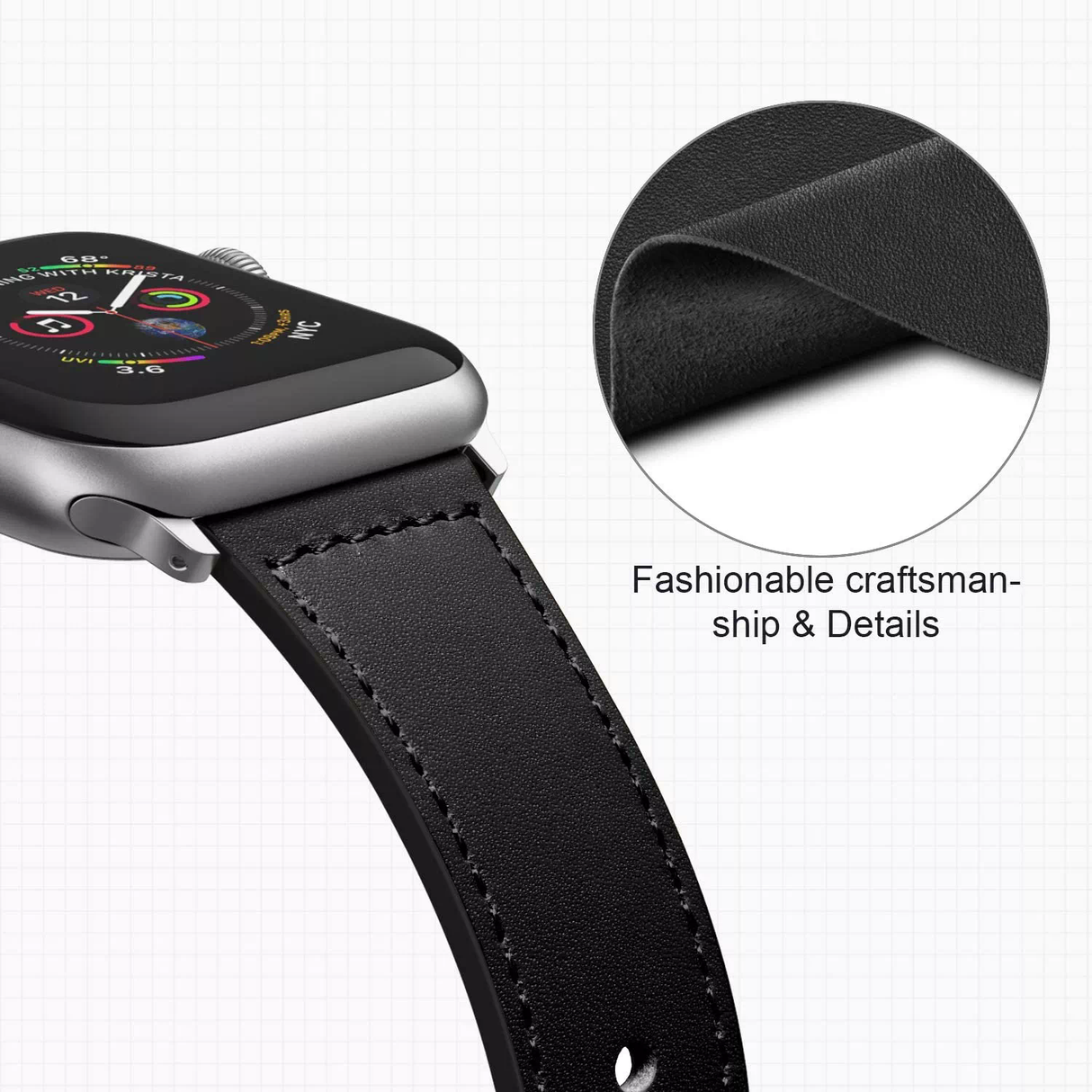 DS BS Leather Bands Compatible With Apple Watch Band for 42MM 44MM 45MM-Black