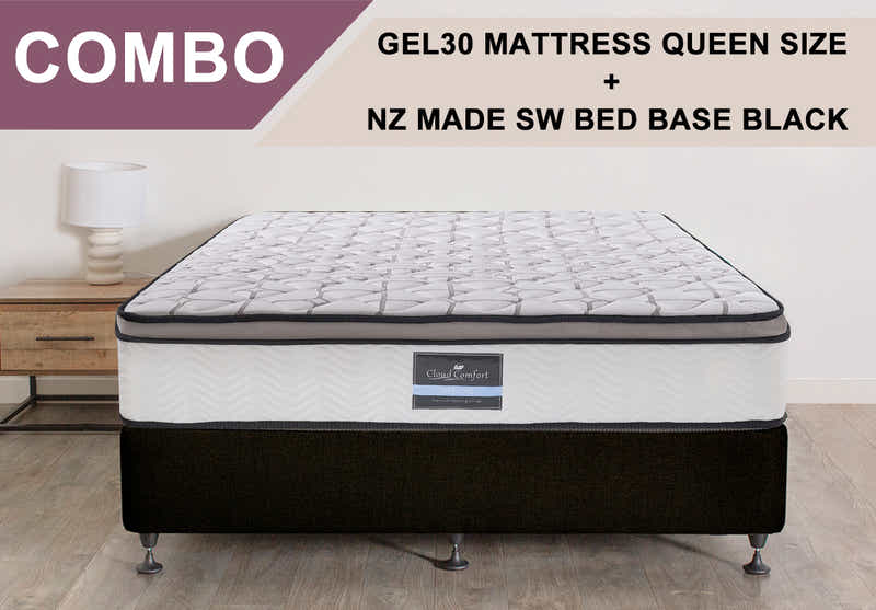 DS NZ Made SW Bed Base Black with Gel30 Mattress Combo - Queen