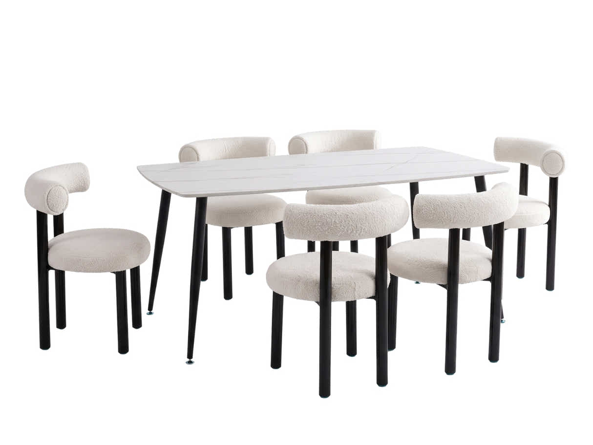 Lavina Dining Table with MDF Top 160 cm & Boucle Velvet Dining Chair White - Set of 6