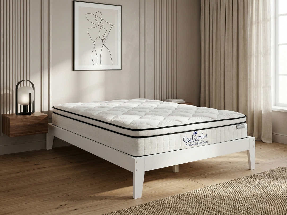 Sovo Bed Frame White & Boucle22 Mattress - King