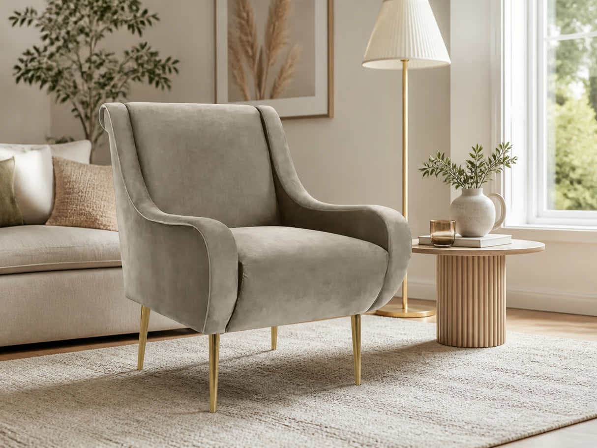 Linen Accent Chair with Curved Arms - Beige Grey