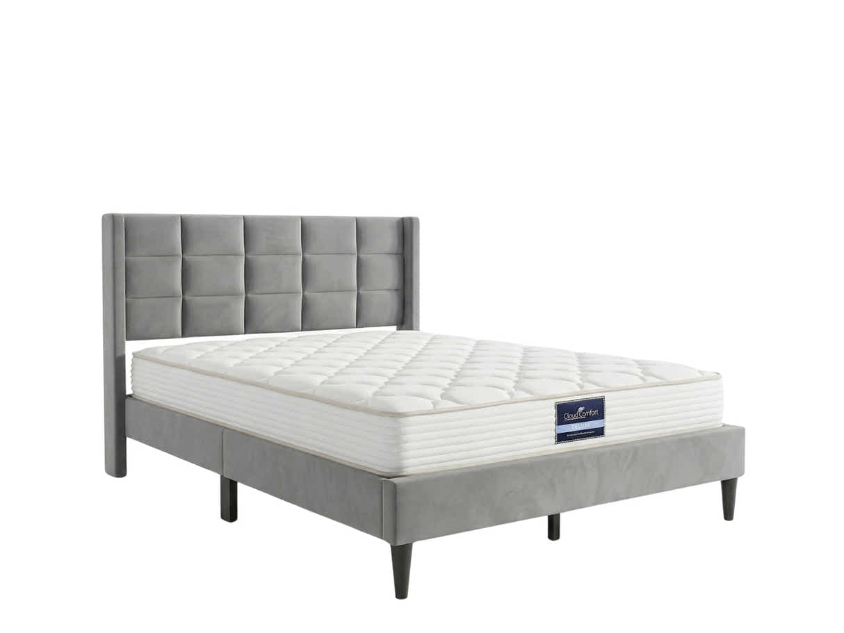 Neron Velvet Bed Frame Charcoal & PIL20 Mattress with Pillows - Double