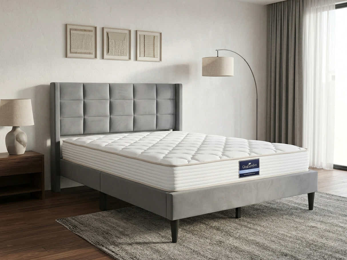 Neron Velvet Bed Frame Charcoal & PIL20 Mattress with Pillows - Queen