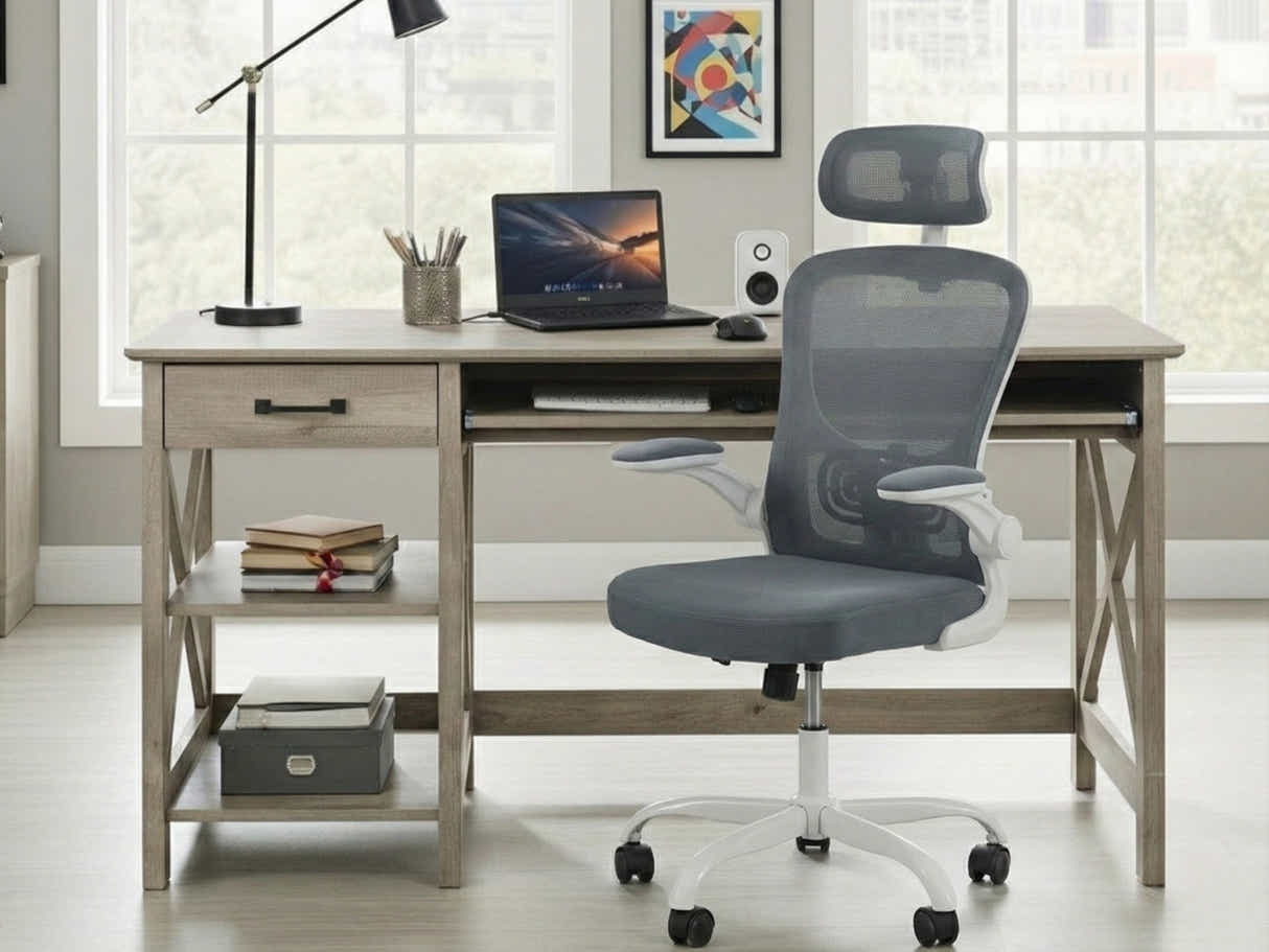 Writing Desk Rustic Oak & Molina Mesh Task Chair White+Grey