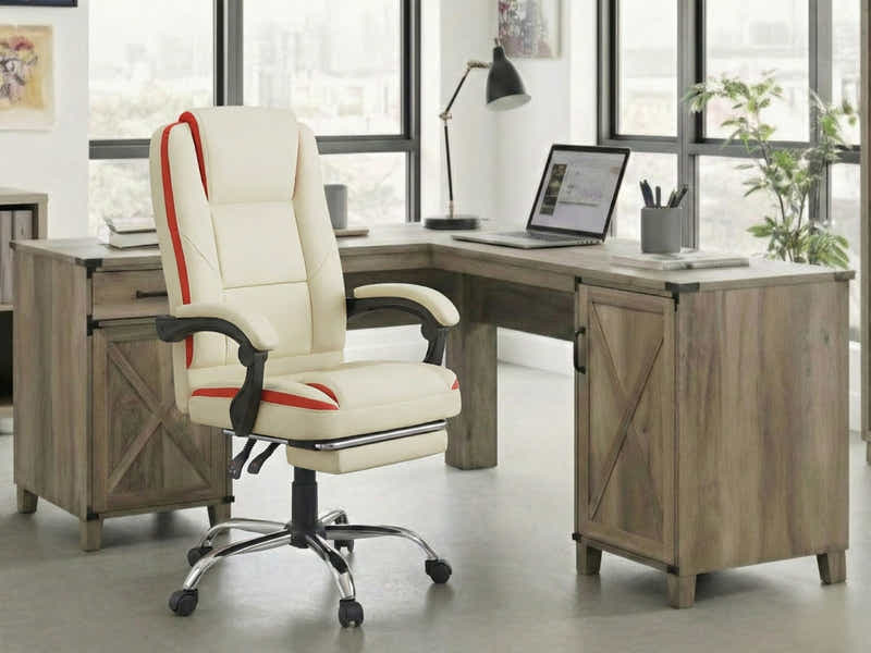 L-Shaped Desk Rustic Oak & Siena Executive Office Chair PU Beige