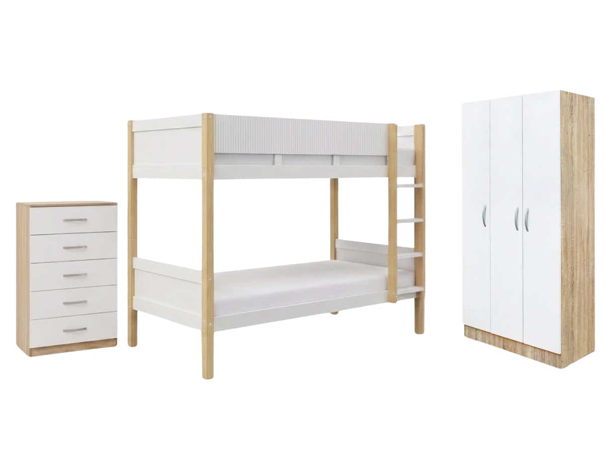 Space-Saving Kids Bedroom Combo - Bunk Bed, Mattresses, Tallboy & Wardrobe