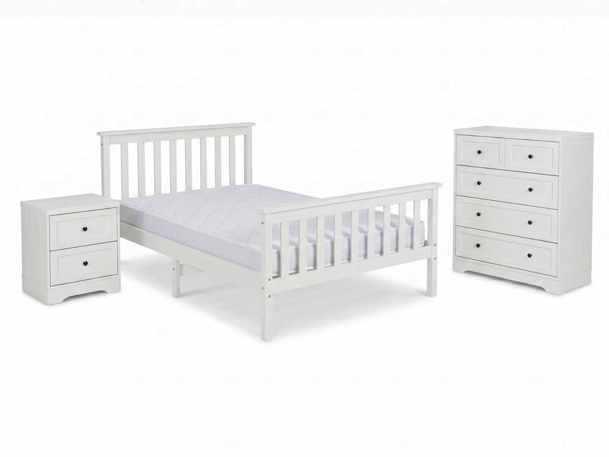 Classic White Kids Bedroom Combo - Bed, Mattress, Bedside & Tallboy