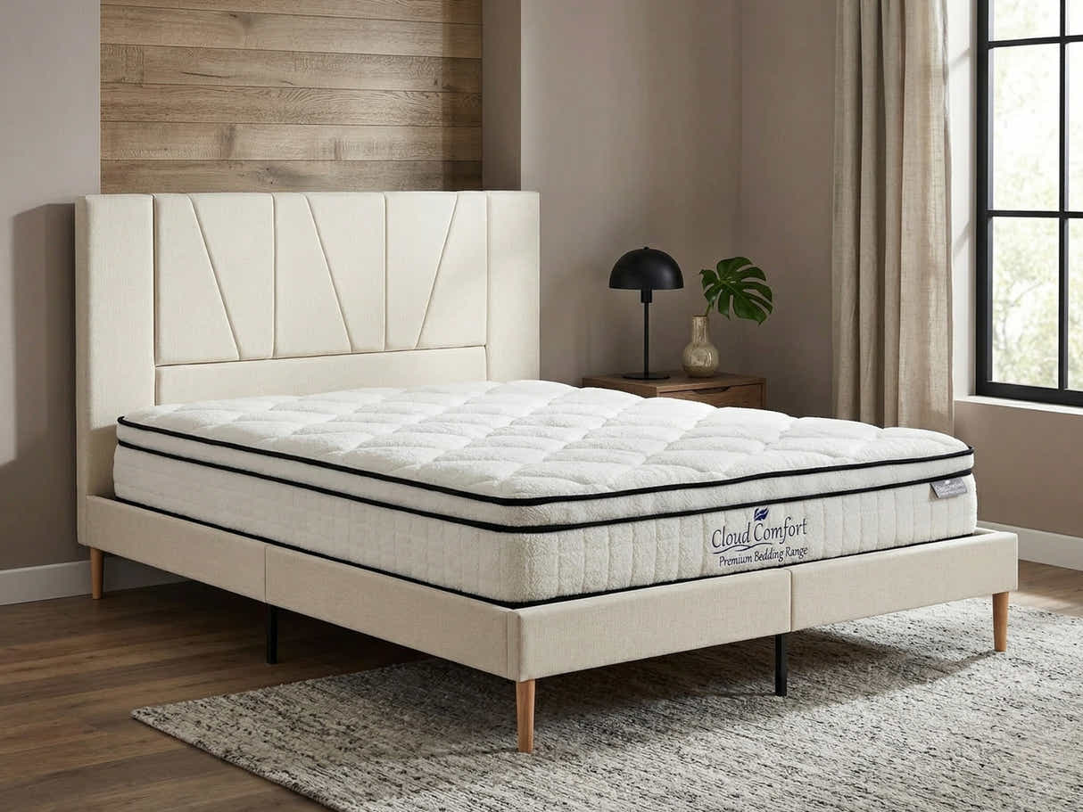 Jervis Bed Frame Linen Beige & Boucle22 Mattress - Queen