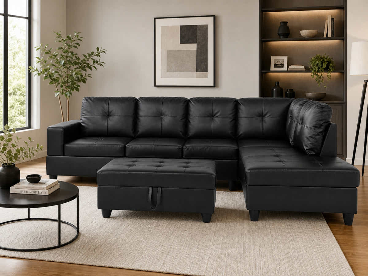Vega Sectional Sofa with Ottoman PU - Black