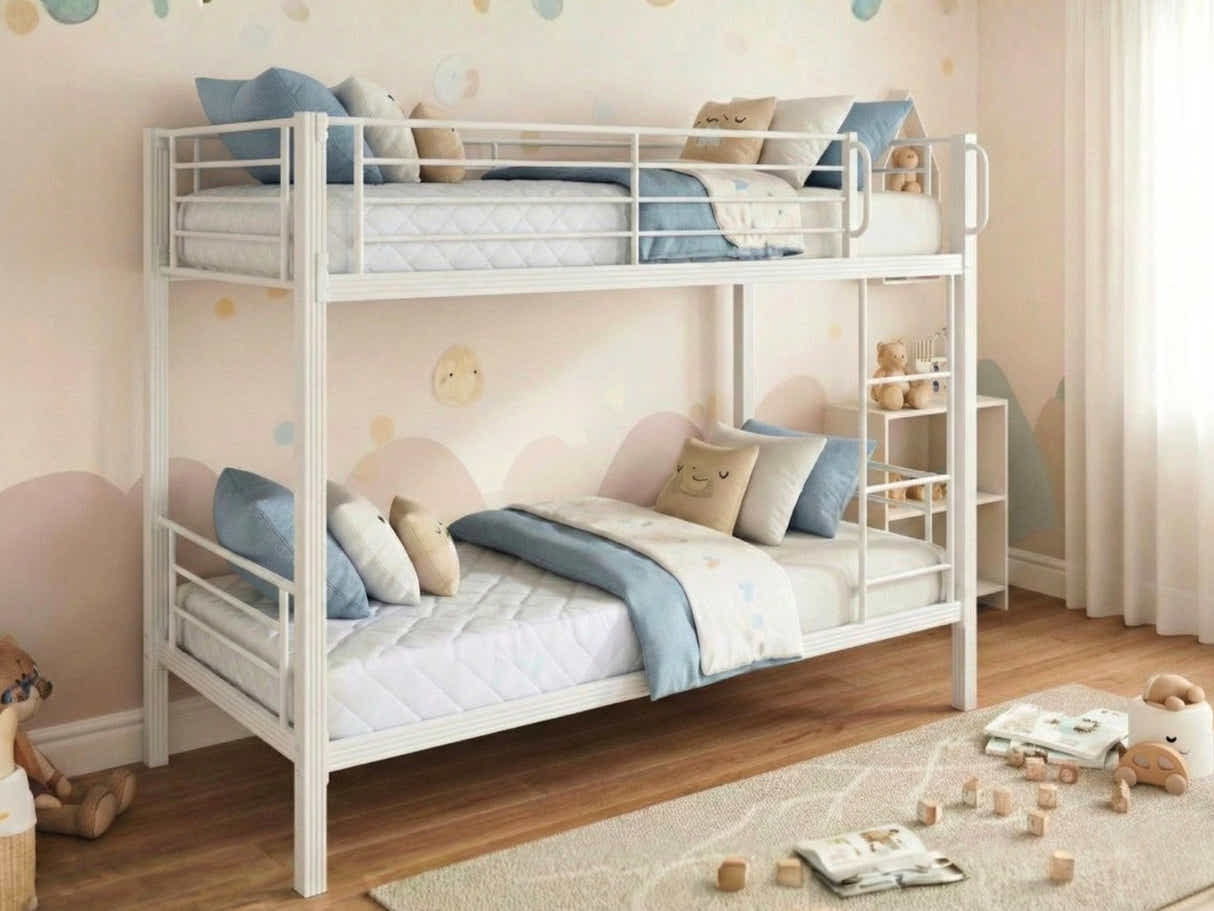 Easy Fix Metal Bunk Bed - White & Mattress Bon10 Single x2