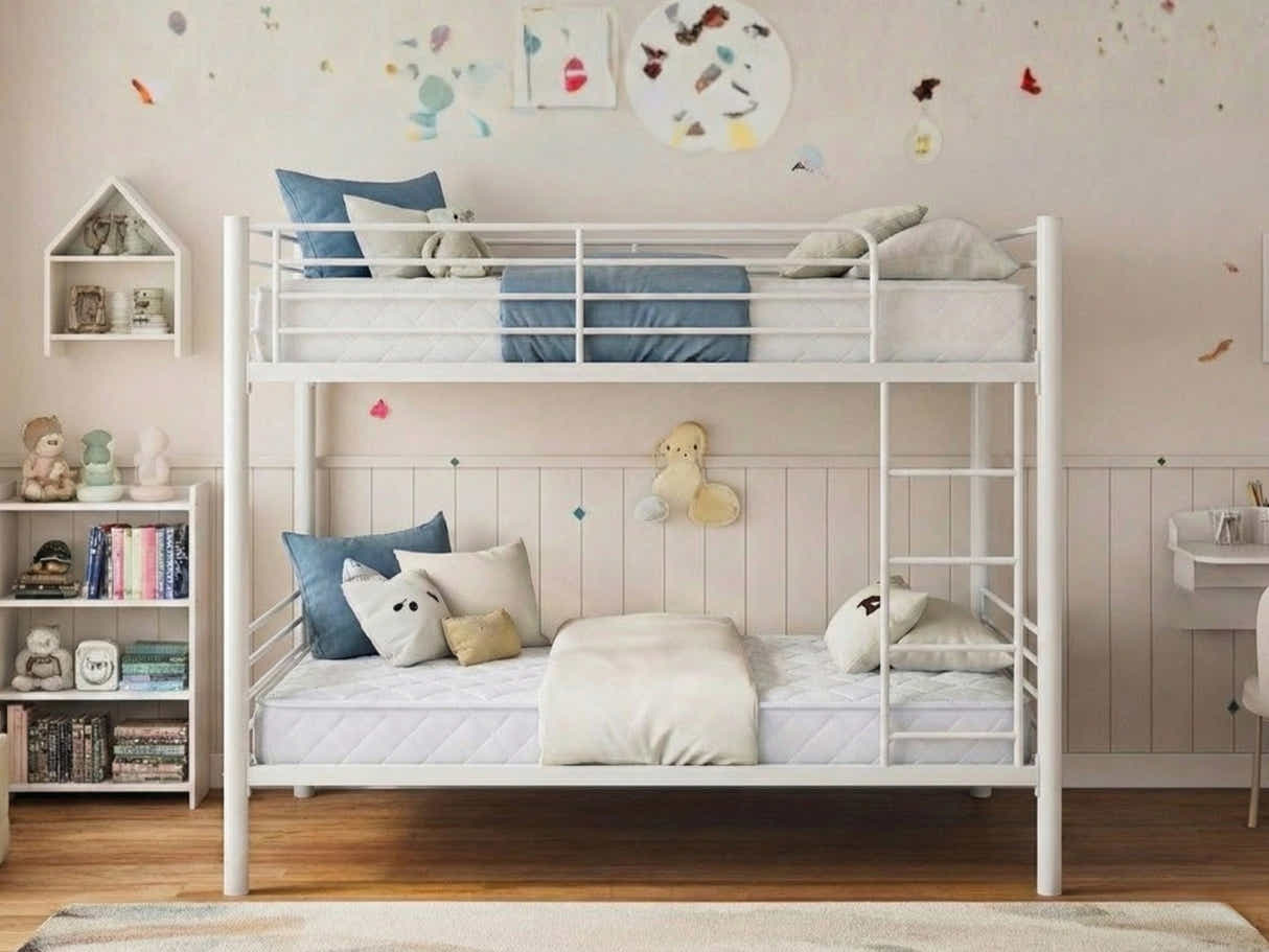 Easy Fix Metal Bunk Bed - White & Mattress Bon15 Single x2