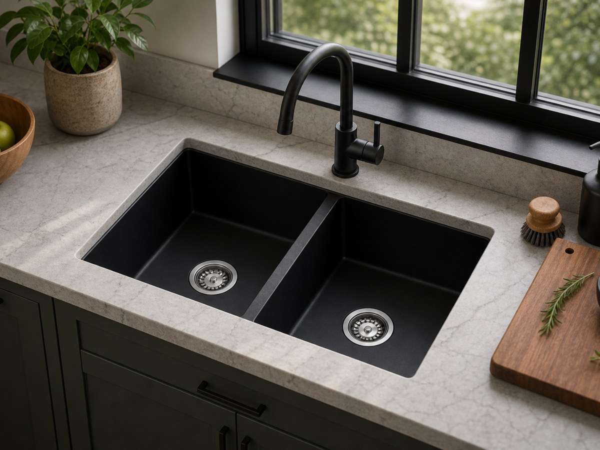 Granite Composite Sink 7745D Black with Overflow