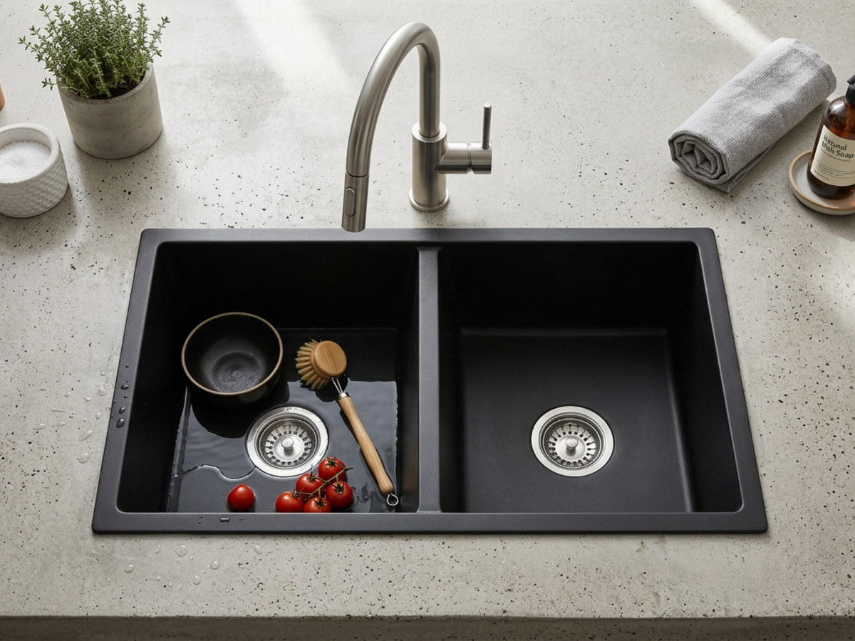 Granite Composite Sink 7745D Black with Overflow