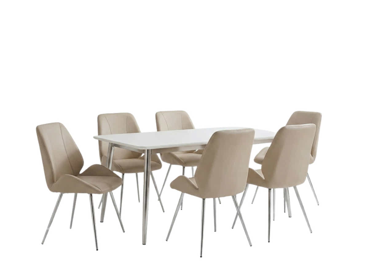White Dining Table - 180 cm & Dining Chair PU Beige - Set of 6