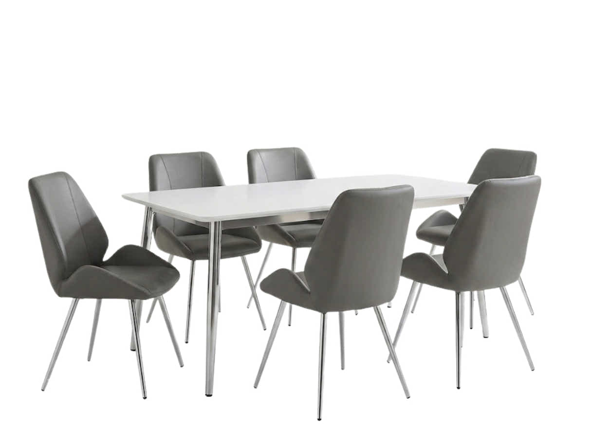 White Dining Table - 180 cm & Dining Chair PU Grey - Set of 6