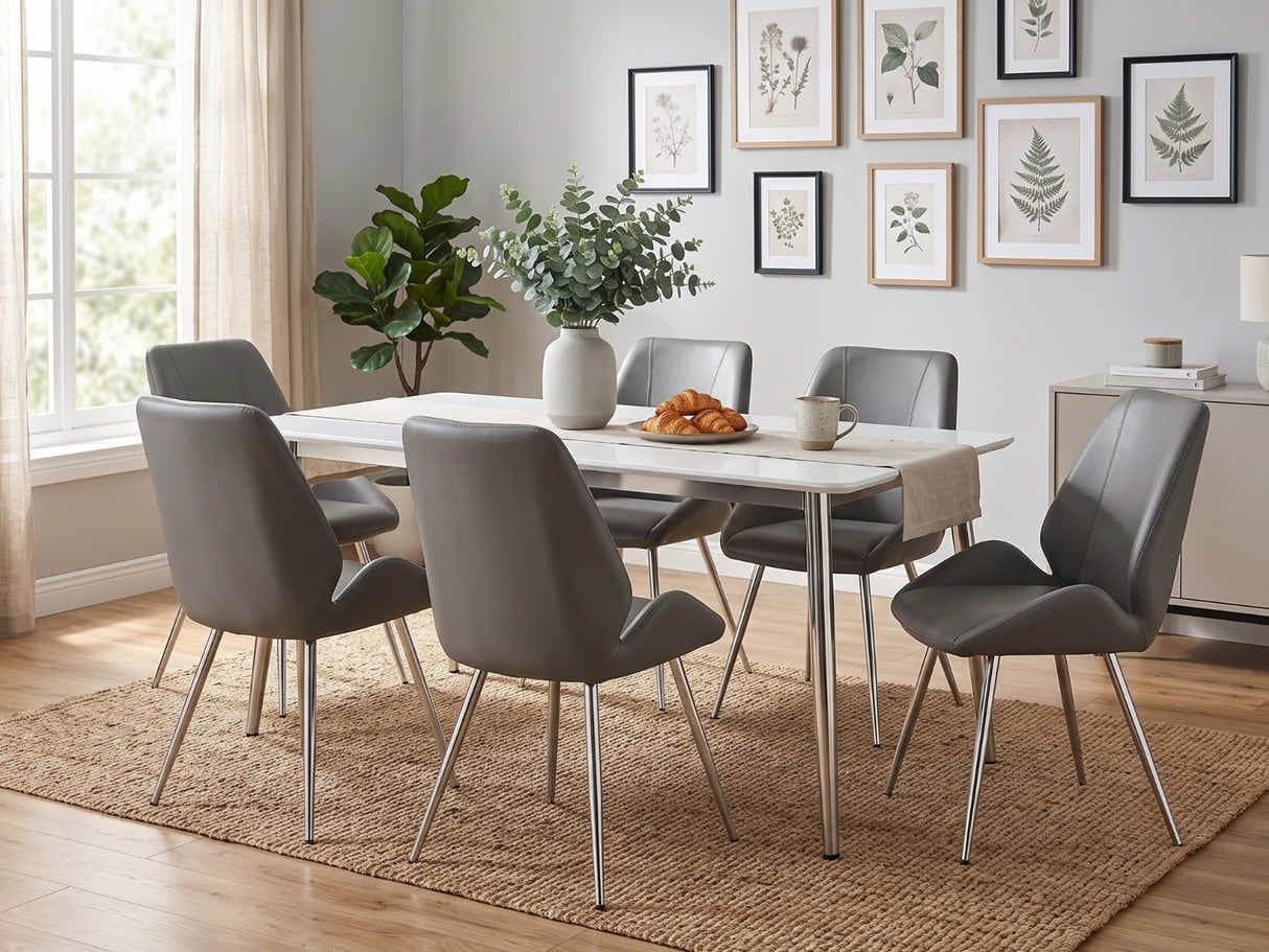 White Dining Table - 180 cm & Dining Chair PU Grey - Set of 6