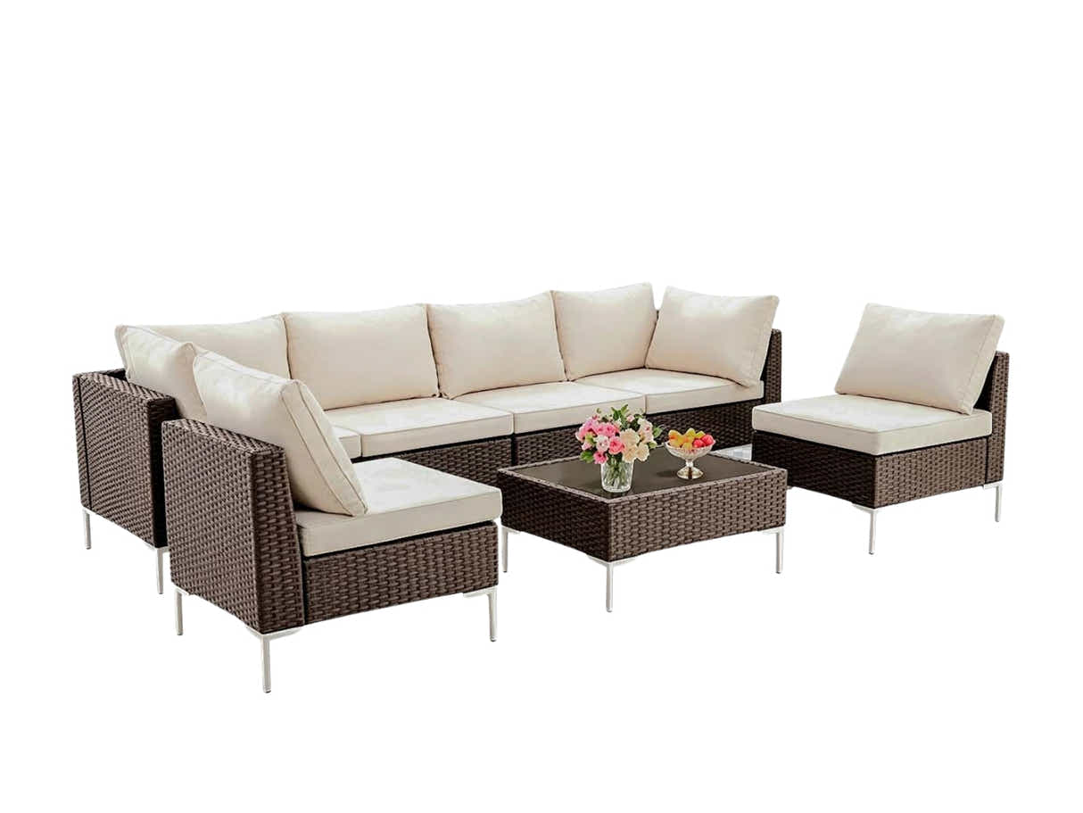 T DS Ruta 7PC Wicker Set Dark Brown+Beige