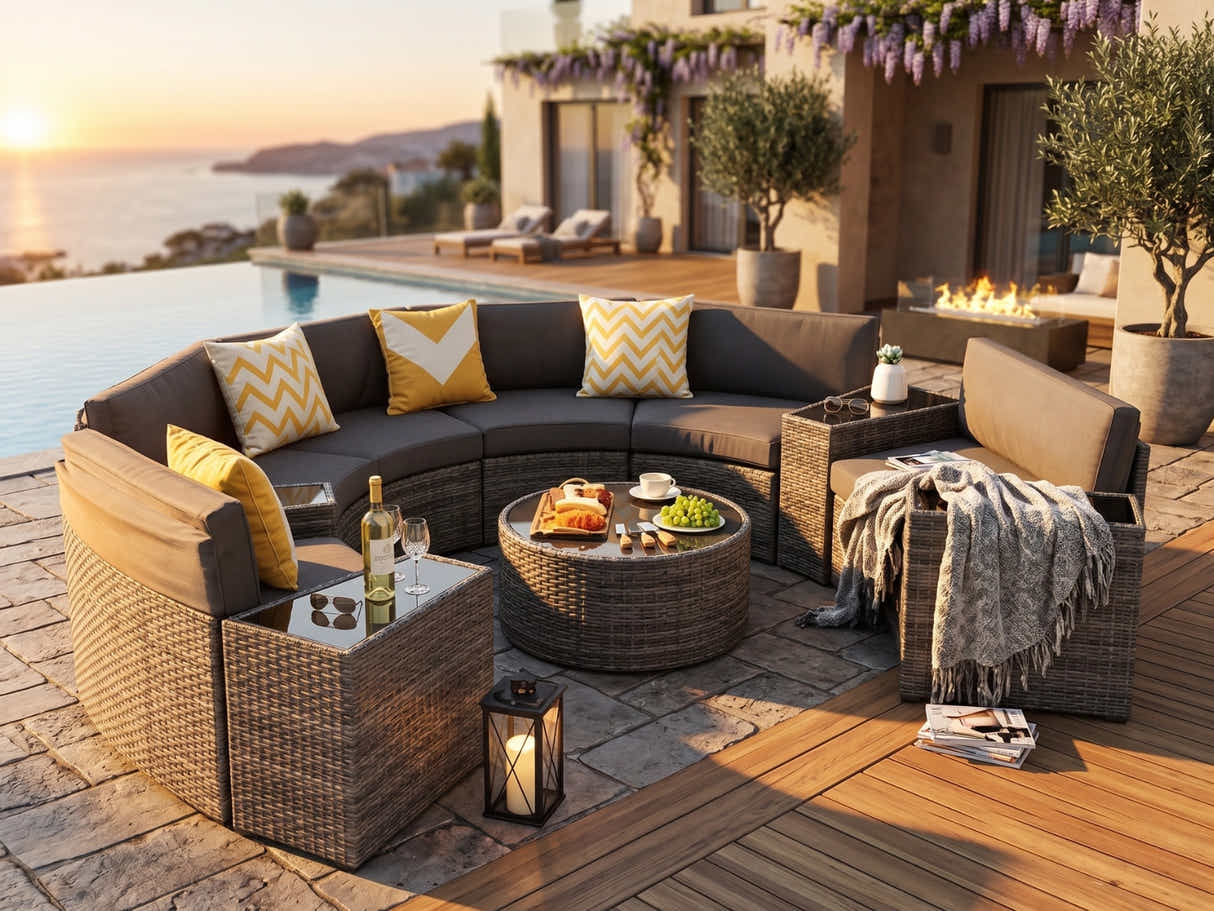 DS 11-Piece Curved Wicker Sofa Set - Grey