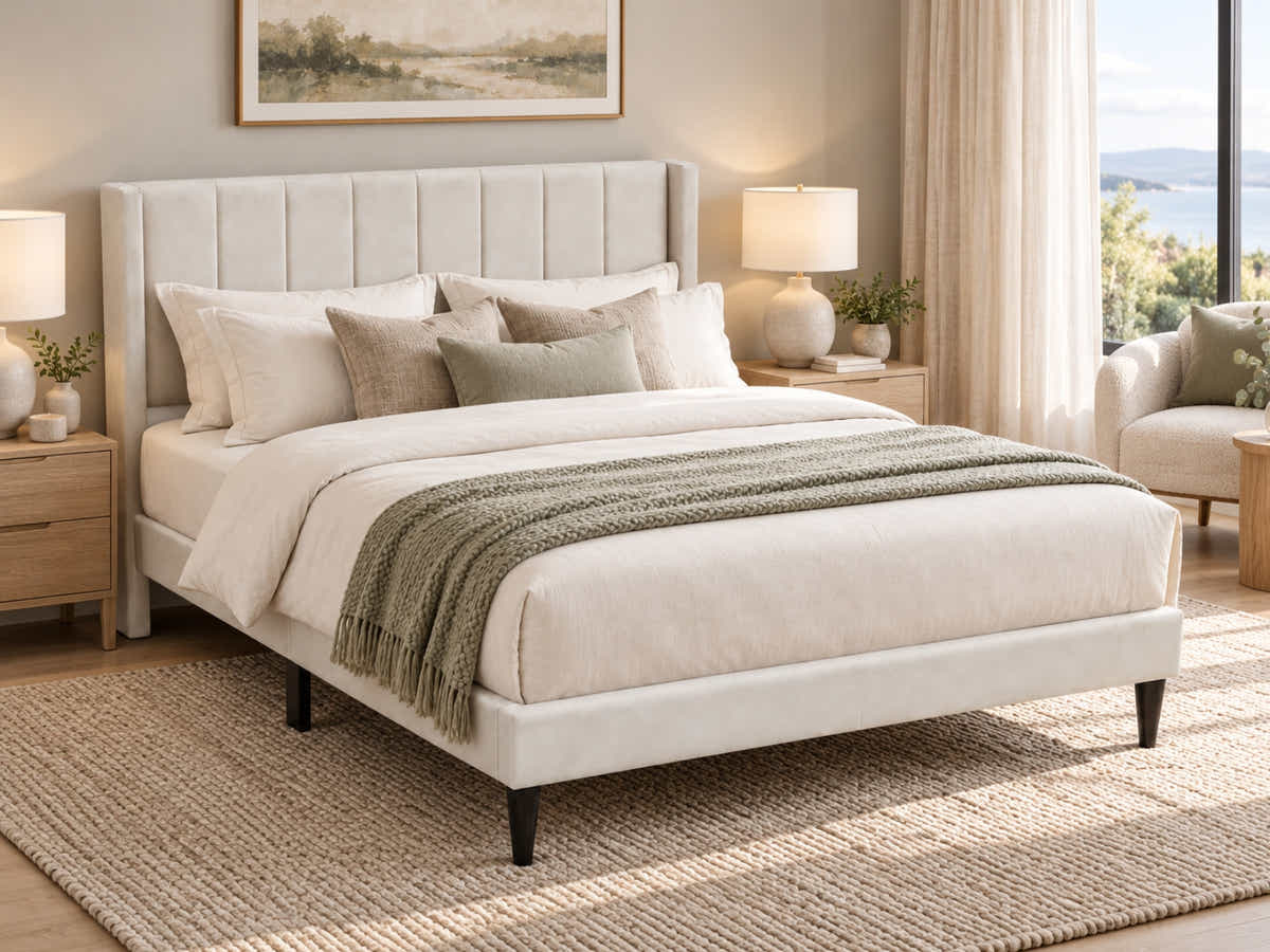 DS Ollie Fabric Bed Beige - Double