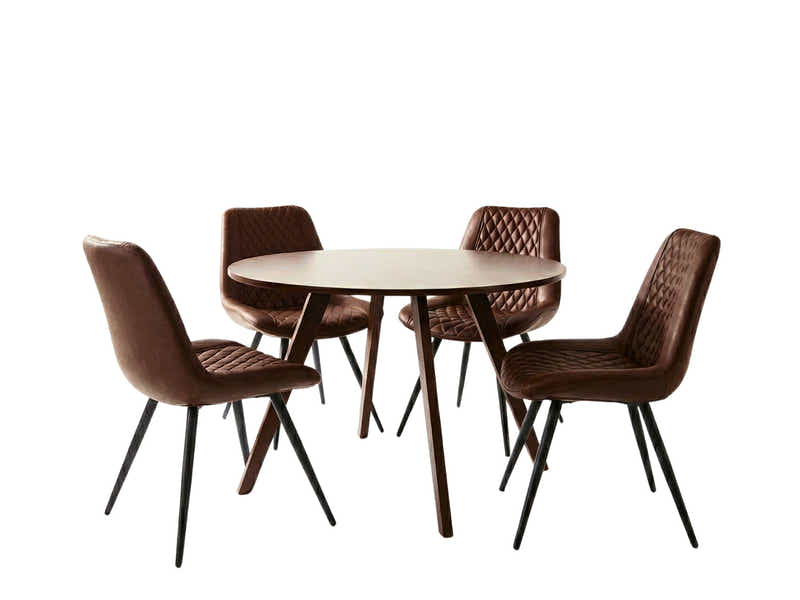 Hexa Round Dining Table Walnut - 100 cm & Tricia PU Dining Chair x2 Dark Brown x4 (Combo)