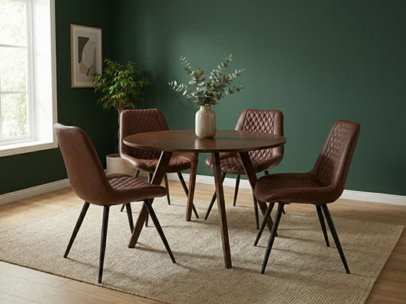 Hexa Round Dining Table Walnut - 100 cm & Tricia PU Dining Chair x2 Dark Brown x4 (Combo)
