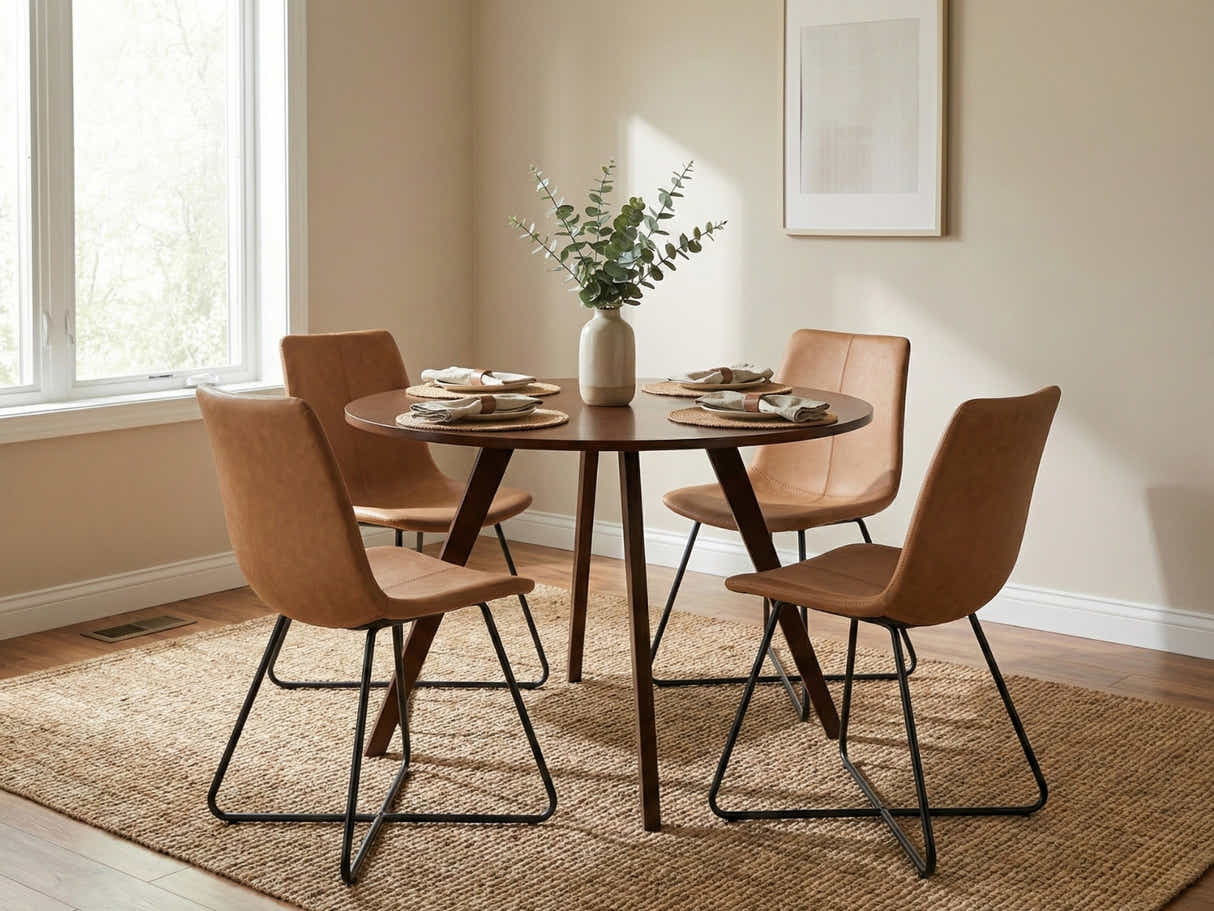 Hexa Round Dining Table Walnut - 100 cm & Walnut Bonded Leather Dining Chair - Set of 4
