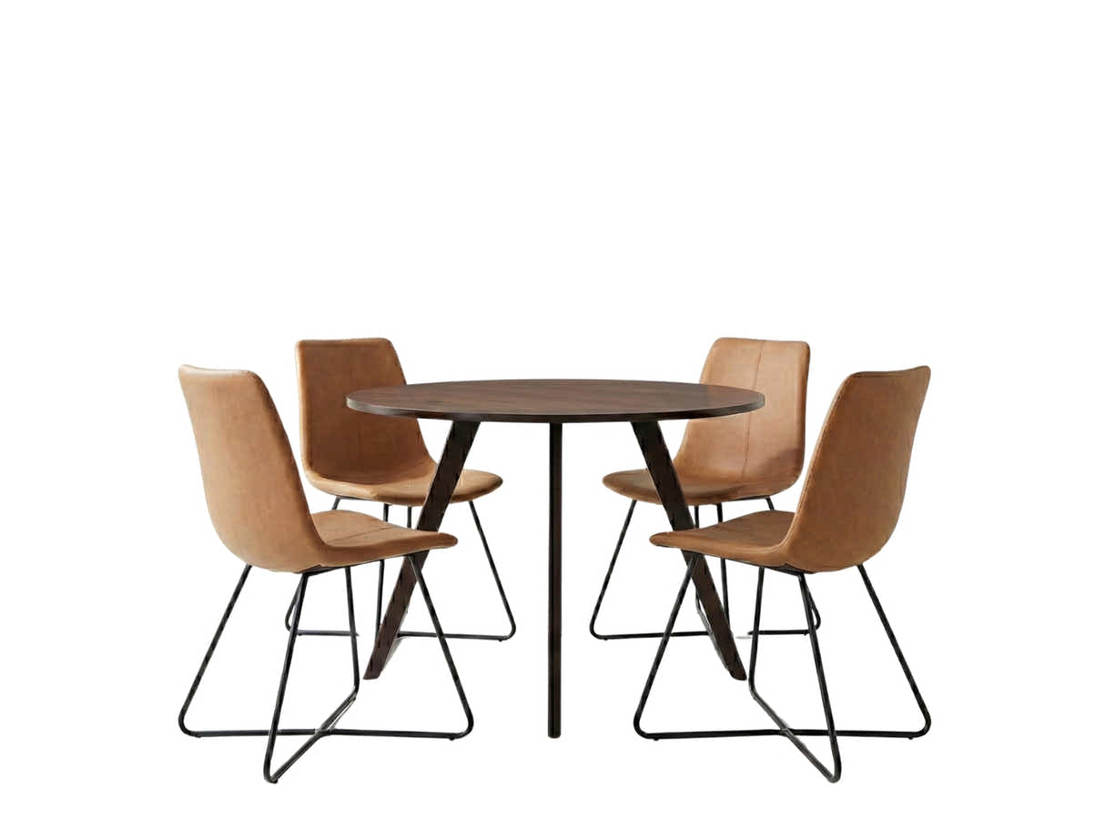 Hexa Round Dining Table Wenge - 100 cm & Walnut Bonded Leather Dining Chair - Set of 4