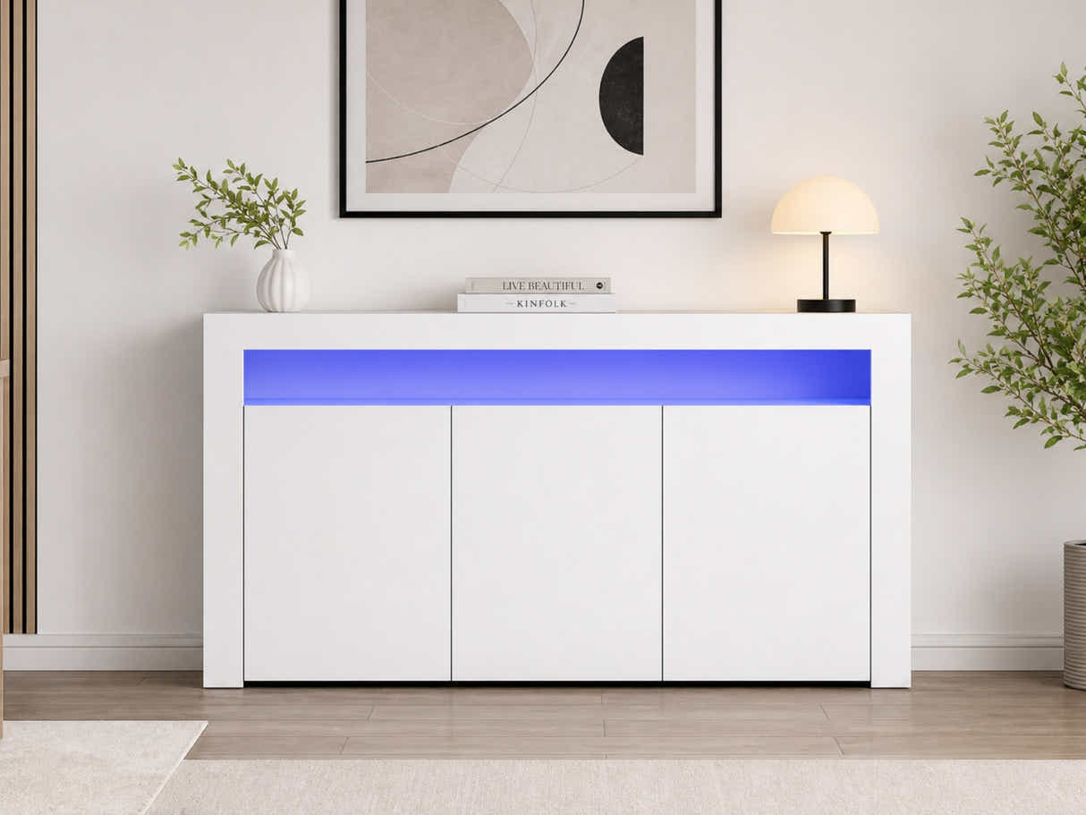 Glansig White 3-Door Buffet with LED Light - 152 cm