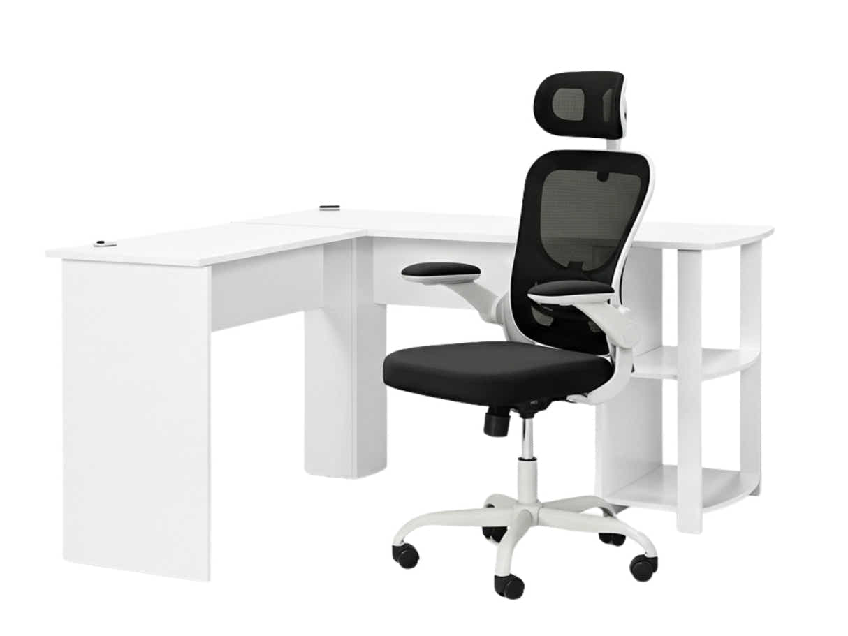 Korr Corner Office Desk & Molina Mesh Task Chair White+Black