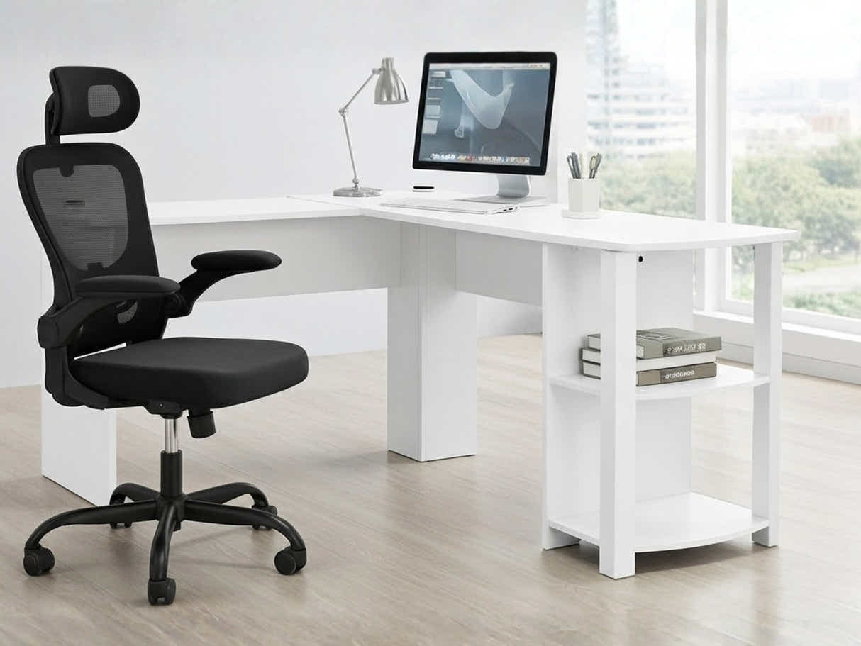 Korr Corner Office Desk & Molina Mesh Task Chair Black+Black