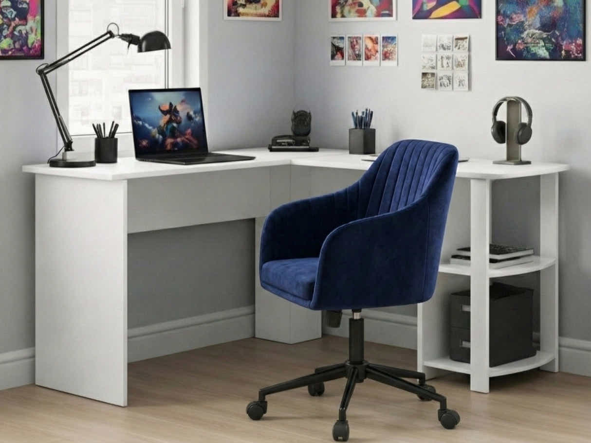 Korr Corner Office Desk & Lilac Office Chair Velvet Blue