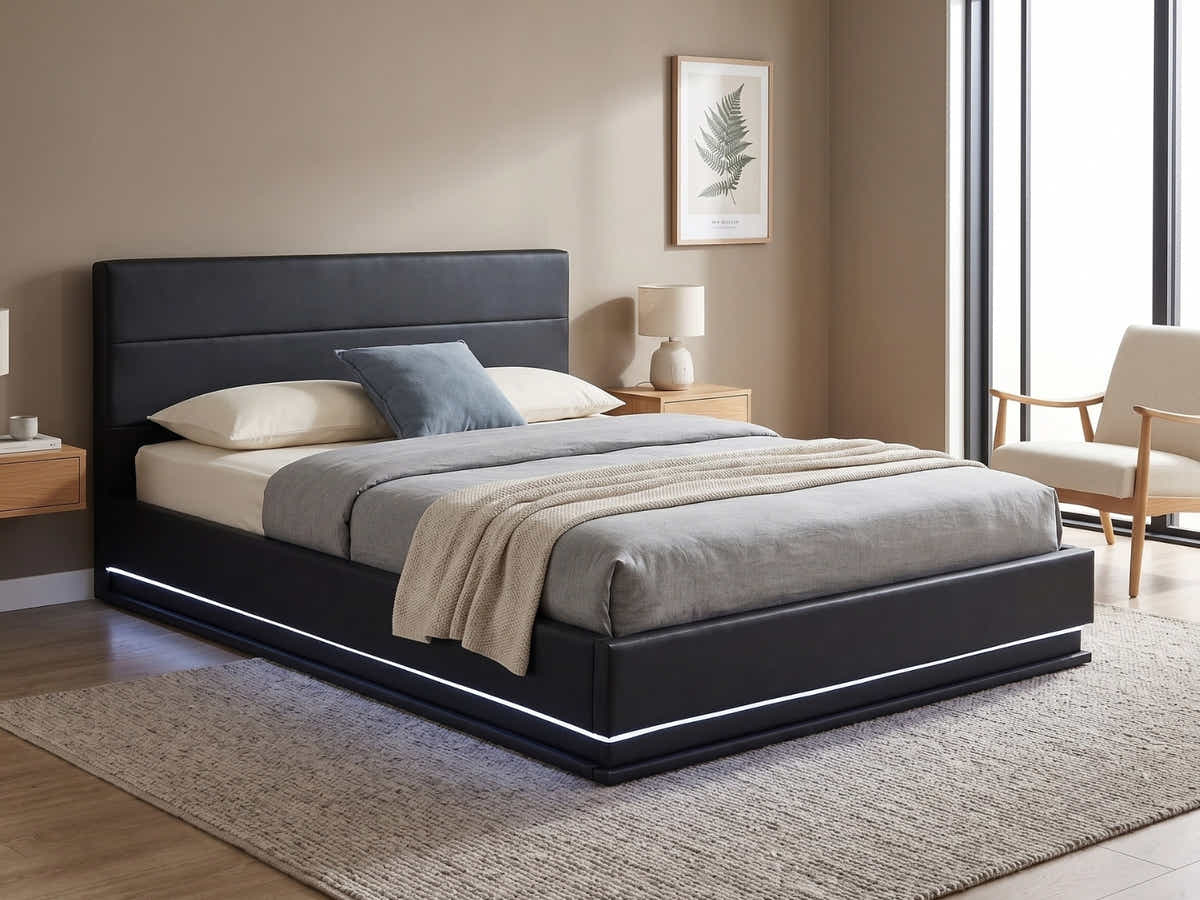 DS Harold Storage Bed with LED Light PU Black - Queen