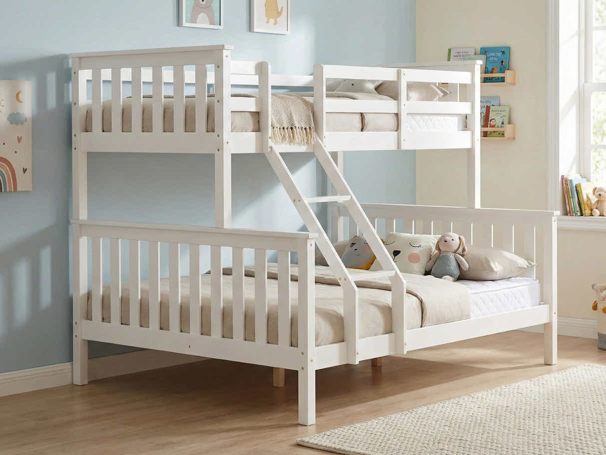 New Chico Triple Bunk Bed - White & Bon10 Single + Bon15 Double Mattresses