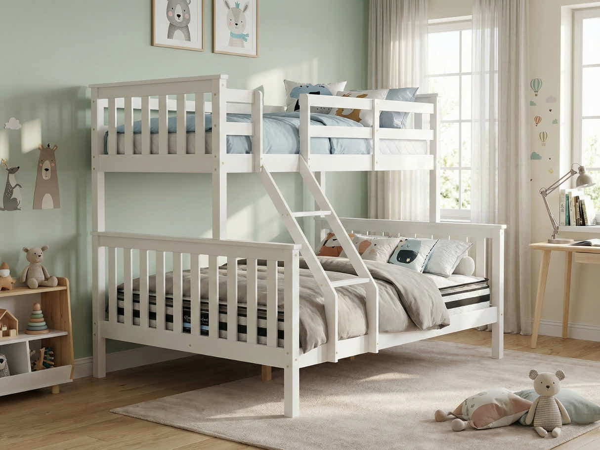 New Chico Triple Bunk Bed - White + Bon10 Single & Bon 21 Double Mattresses
