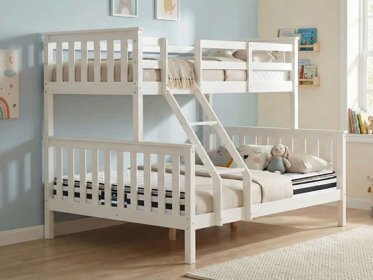 New Chico Triple Bunk Bed - White & Bon15 Single + Bon21 Double Matresses
