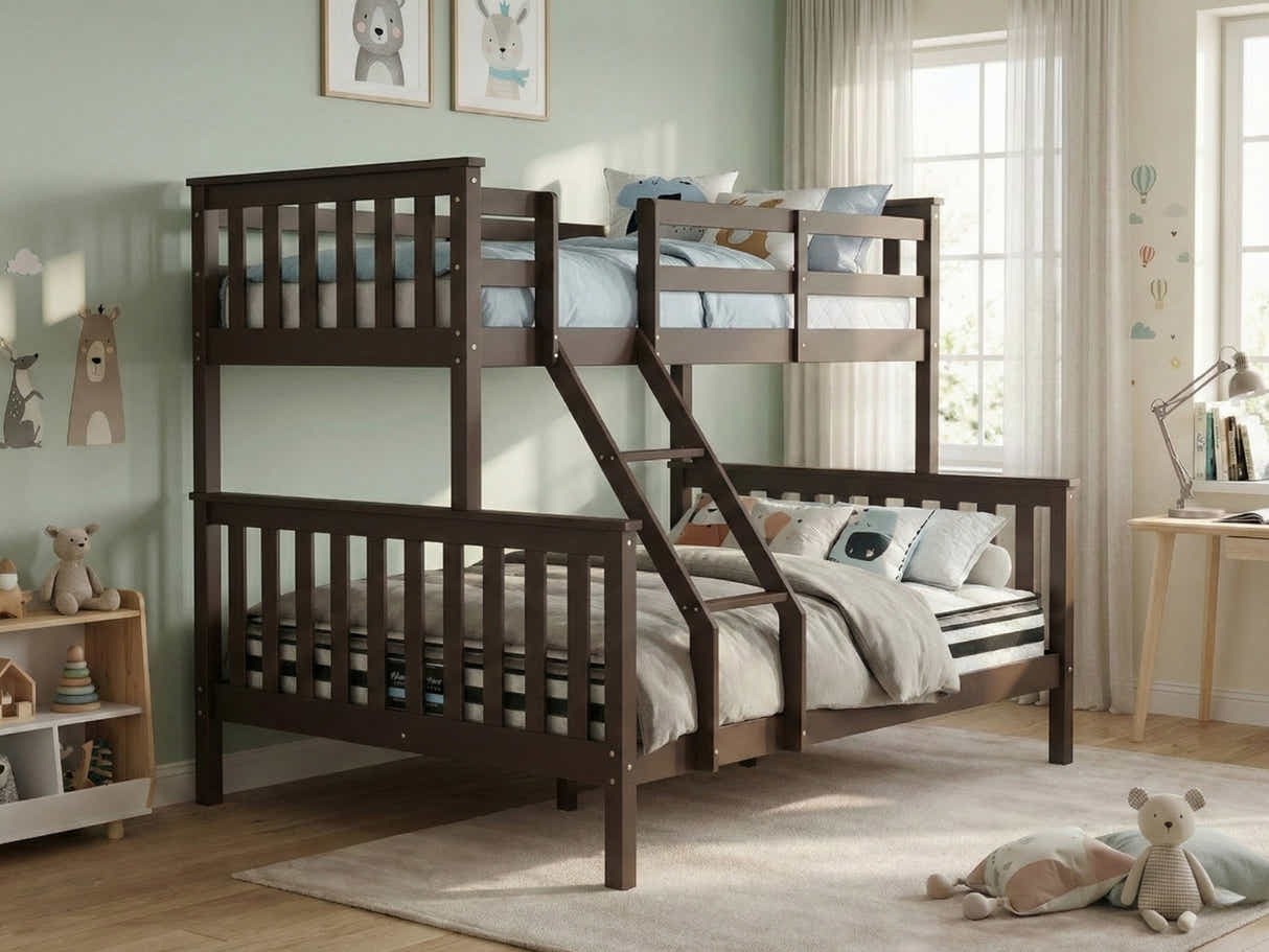 New Chico Triple Bunk Bed - Walnut & Bon10 Single + Bon21 Double Mattresses