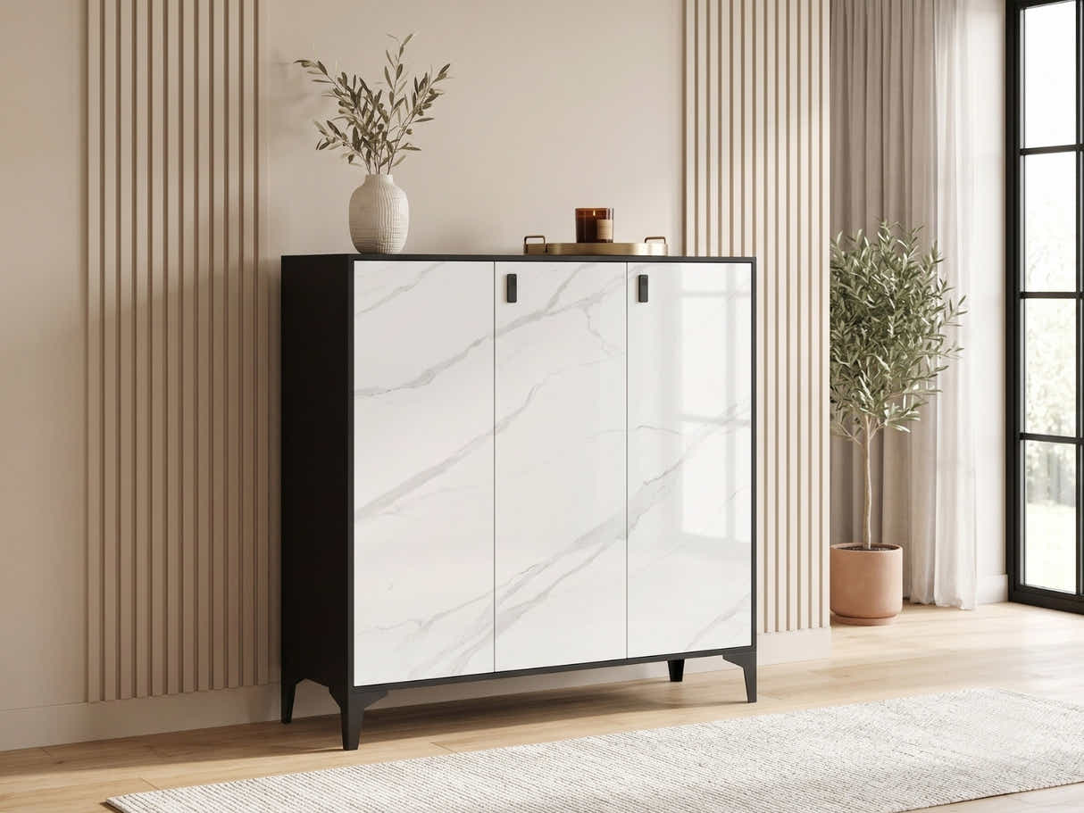Lonna Steel 3-Door Shoe Cabinet - White Marble