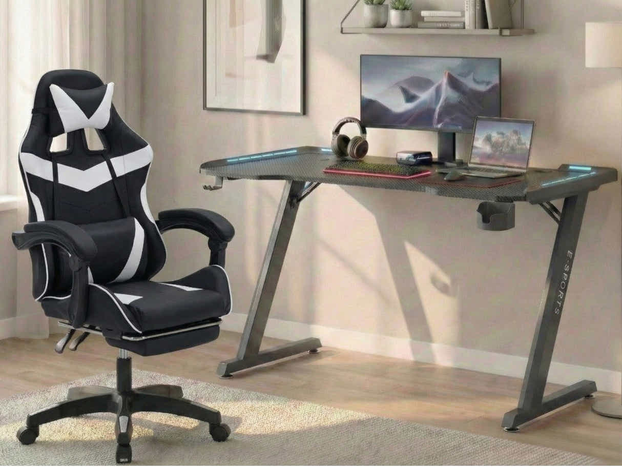Gaming Table KZ-1 120cm with Wireless Charger and Mouse Pad & Faron Gaming Chair PVC White