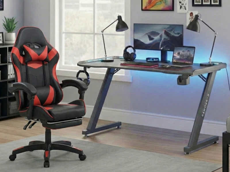 Gaming Table KZ-1 120cm with Wireless Charger and Mouse Pad & Nicola Gaming chair PVC Black+Red