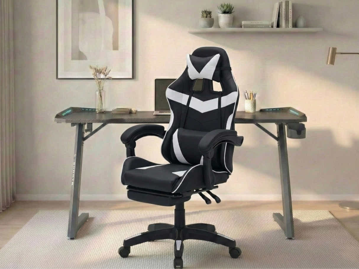 Gaming Table KZ-1 140cm with Wireless Charger and Mouse Pad & Faron Gaming Chair PVC White