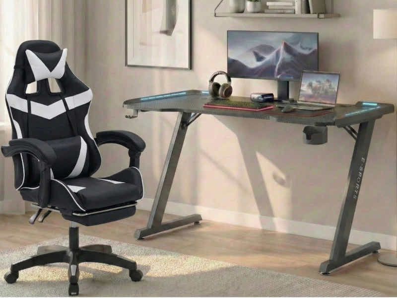 Gaming Table KZ-1 140cm with Wireless Charger and Mouse Pad & Faron Gaming Chair PVC White