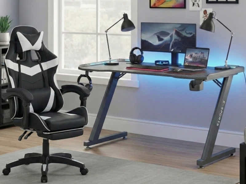 Gaming Table KZ-1 140cm with Wireless Charger and Mouse Pad & Nicola Gaming chair PVC Black+White