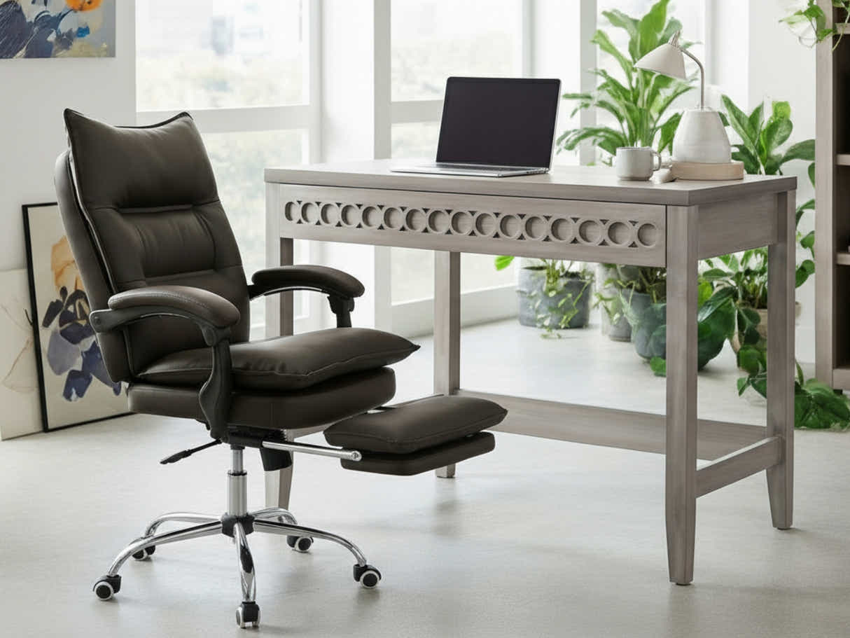 Home & Office Desk With Storage Drawer & New Markus Office Chair with Footrest PU Coffee