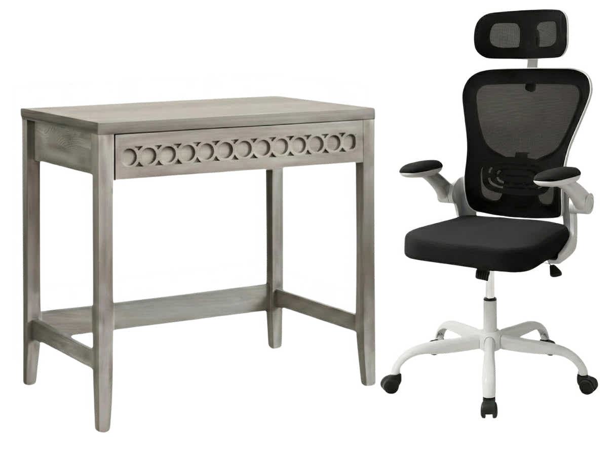 Home & Office Desk With Storage Drawer & Molina Mesh Task Chair White+Black