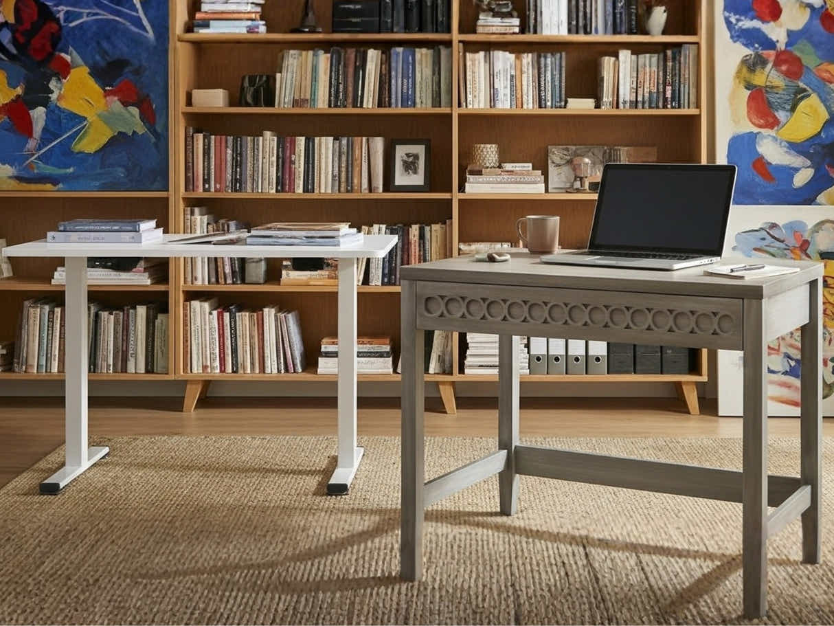 Home & Office Desk With Storage Drawer & Height Adjustable Desk Set LK All White