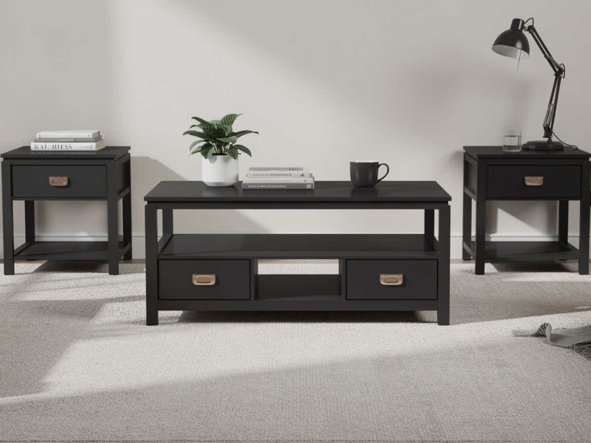 3-Piece Solid Wood Coffee Table Set - Black