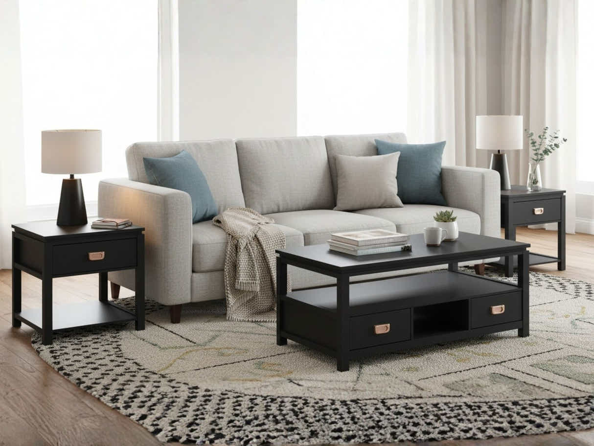 3-Piece Solid Wood Coffee Table Set - Black
