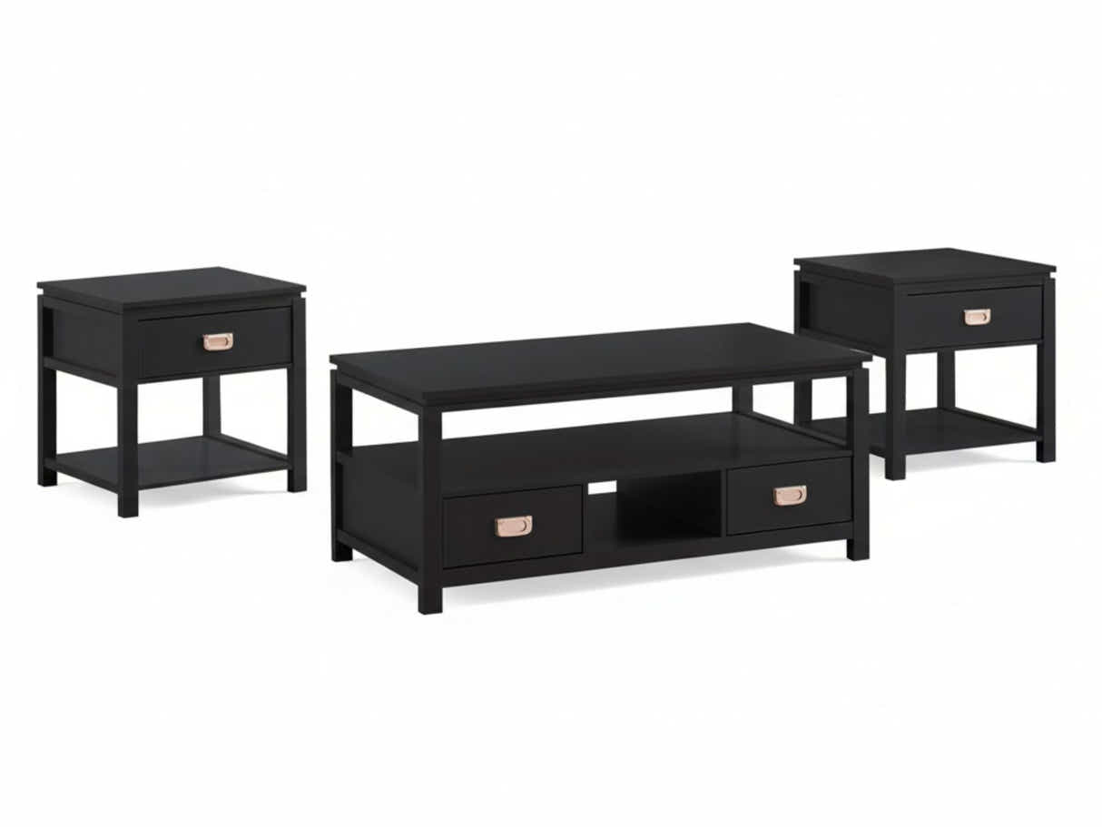 3-Piece Solid Wood Coffee Table Set - Black