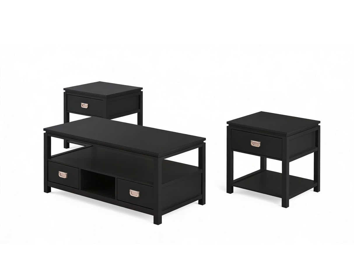 3-Piece Solid Wood Coffee Table Set - Black